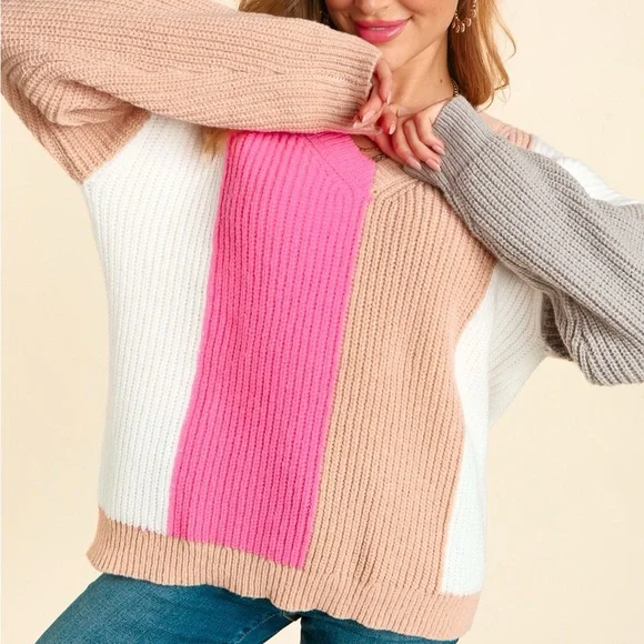 Color Block Knit V-Neck Pullover Relaxed Fit Sweater, Pink/Gray/Tan/White, S-M-L - Picture 4 of 10